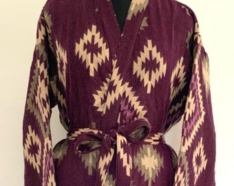 Yak Wool Blend Unisex Kimono/Robe,Handmade,Winter Special,House Robe,Purple/Beige Geometric Diamond Aztec Print Dressing Gown,Traditional Ro