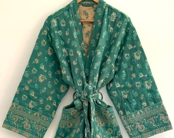 Handmade Yak Wool Blend Kimono Robe: Light Green Floral Print