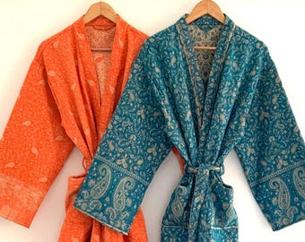 Handmade Yak Wool Blend Kimono Robe: Sapphire Blue Paisley Shawl