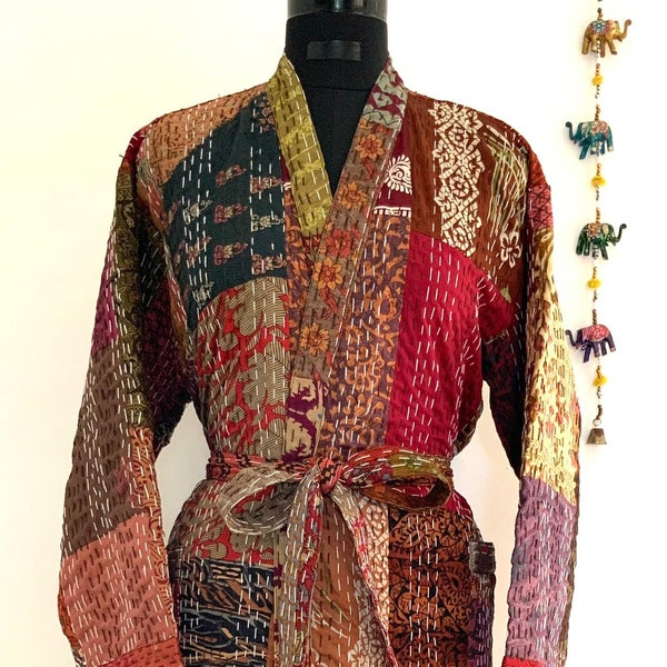 Brown Shaded Patchwork Handmade Silk Kantha Kimono,Bath Robe,Indian Kantha,Traditional Robe,Bridemade,Longewear OR Gift for someone Special