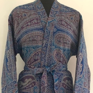 Handmade Merino Boiled Wool Kimono Robe: Blue-Brown Unisex Loungewear