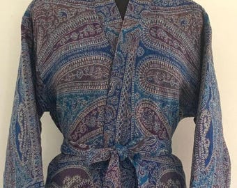 Handmade Merino Boiled Wool Kimono Robe: Blue-Brown Unisex Loungewear