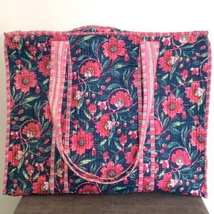 Neue Rosa Blumen-Reißverschluss-Art-Einkaufstasche handgemachte Baumwollblock-Druck-Einkaufstasche, große gesteppte Einkaufstasche, Blumenmarkt-Tasche, gelegentlich Geschenk-Tasche