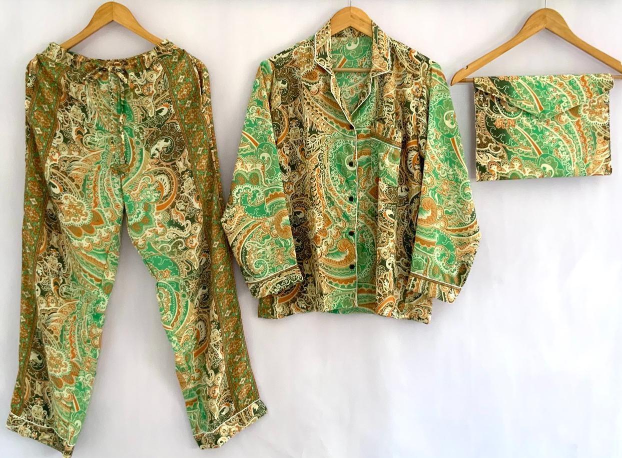 Orange - Green Shaded Silk Blend Pajama Set: Women's Loungewear