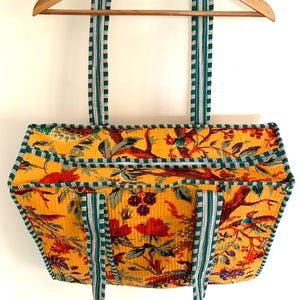 Neue Gelb Floral Reißverschluss Stil Tote Handgefertigte Baumwoll-Block-Print Einkaufstasche, große gesteppte Einkaufstasche, Floral Markt Tasche, gelegentlich Geschenk Tasche