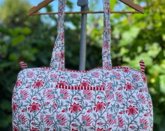 White-Red Floral Handmade Cotton Block Print Duffle Bag,Shopping Bag,Travel Bag,Gym or Yoga Bag,Quilted Bag,Kantha Bag or Everyday use