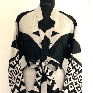 Handmade Yak Wool Blend Kimono Robe: Black & White Geometric Print