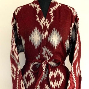 Handmade Yak Wool Blend Kimono Robe: Maroon Aztec Print
