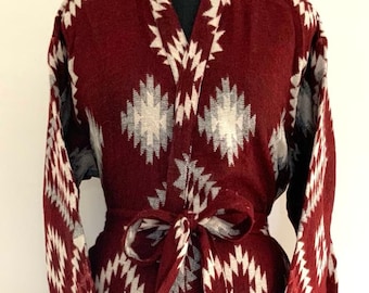 Yak Wool Blend Unisex Kimono,Handmade,Winter Special,House Robe,Dark Maroon Geometric Diamond Aztec Print Dressing Gown,Traditional Robe