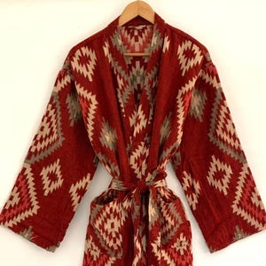 Yak Wool Blend Unisex Kimono/Robe,Handmade,Winter Special,House Robe,Red Geometric Diamond Aztec Print Dressing Gown,Traditional Robe