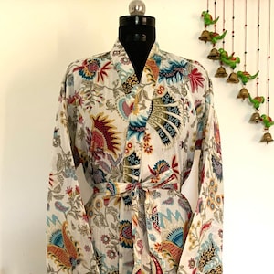Unisex Kimono aus 100% Baumwolle mit weißen Blumen, Nachtwäsche, Morgenmantel, Beachwear, Bademantel, Sommerkleidung, Brautjungfer, bequeme Schwangerschaft/Umstandsmode