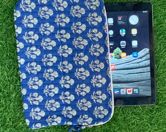 Beautiful Blue 100% Cotton Block Print Quilted  Handmade Laptop Protector/Sleeve,Ipad Sleeve,Tablet zipper Pouch,Macbook Air Cover
