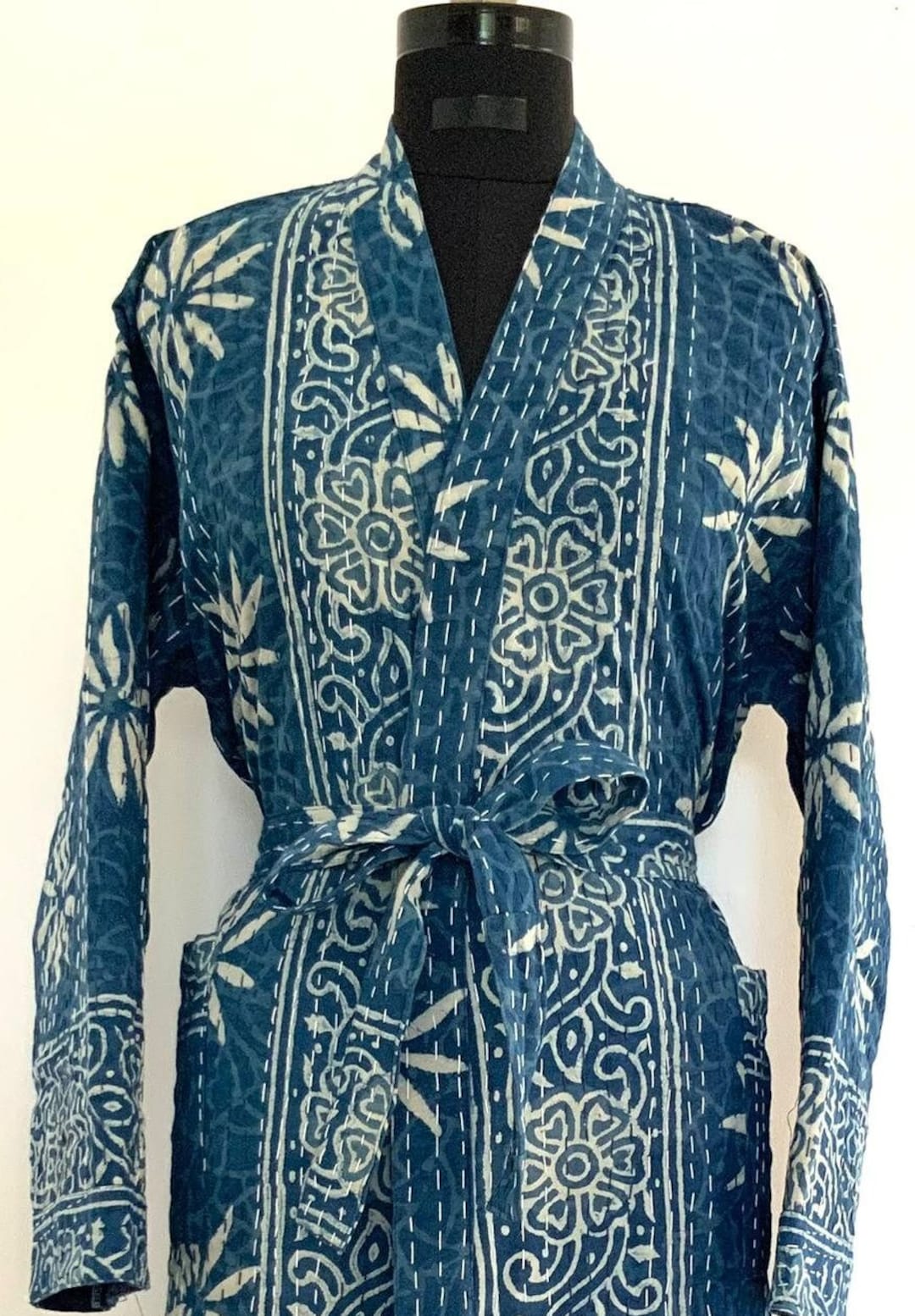 Indigo Robe Indigo Floral Long Hand Block Print Kantha,100%cotton Bath Robe,indian ...