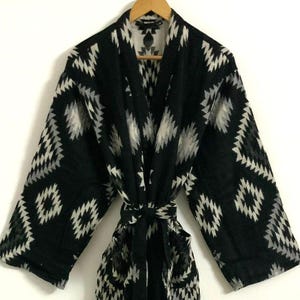 Yak Wool Blend Unisex Kimono/Robe,Handmade,Winter Special,House Robe,Black/Grey Geometric Diamond Aztec Print Dressing Gown,Traditional Robe