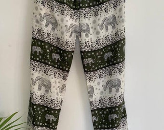 Pantalón de seda de rayón con diseño de elefante en tono verde oliva, perfecto para el verano, ropa de dormir, ropa informal, fiestas nocturnas o uso diario