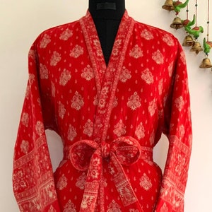 Vestaglia unisex in misto lana di yak con motivo floreale color arancio sangue e beige, kimono fatto a mano, speciale inverno, vestaglia da casa, perfetta come regalo per una persona speciale/per occasioni speciali.