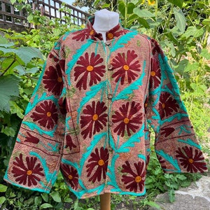 Unisex Reversible Green Suzani Kantha Vintage Traditional Hand Embroidered Jacket,Partywear OR Gift For Someone Special Friends/Family
