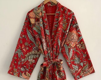 Unisex Red Floral HandMade Kantha kimono,100%Cotton Indian Traditional BathRobe,Loungewear or Perfect 4 Gift Someone Special/Occasionally