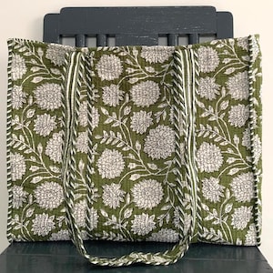 Handmade Cotton Olive-Green Block Print reversible Shopping Bag,Tote Bag,Large Shopping Bag,Quilted Tote Bag,Large Floral Bag,Kantha Bag