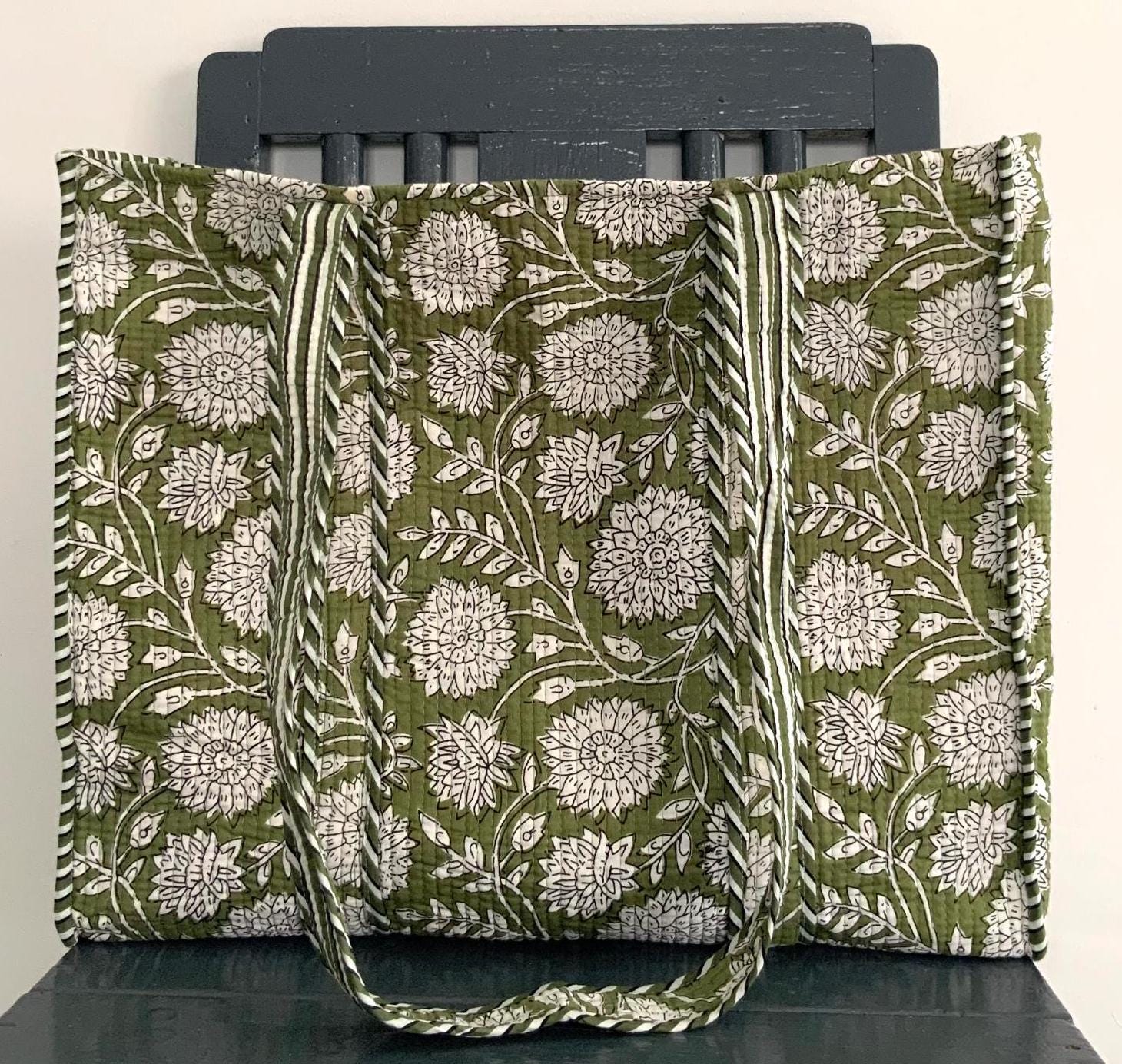 Handmade Cotton Olive-green Block Print Reversible Shopping