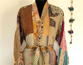 Beige Multi Shade Patchwork Handmade Silk Kantha Kimono,Bath Robe,Indian Traditional Kantha,Bridemade,Longewear OR Gift For someone Special