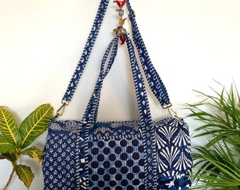 Indigo Sholder Bag,Handmade Cotton Block Print Duffle Bag,Travel Bag,Gym or Yoga Bag,Quilted Bag Everyday use OR Gift For Someone Special