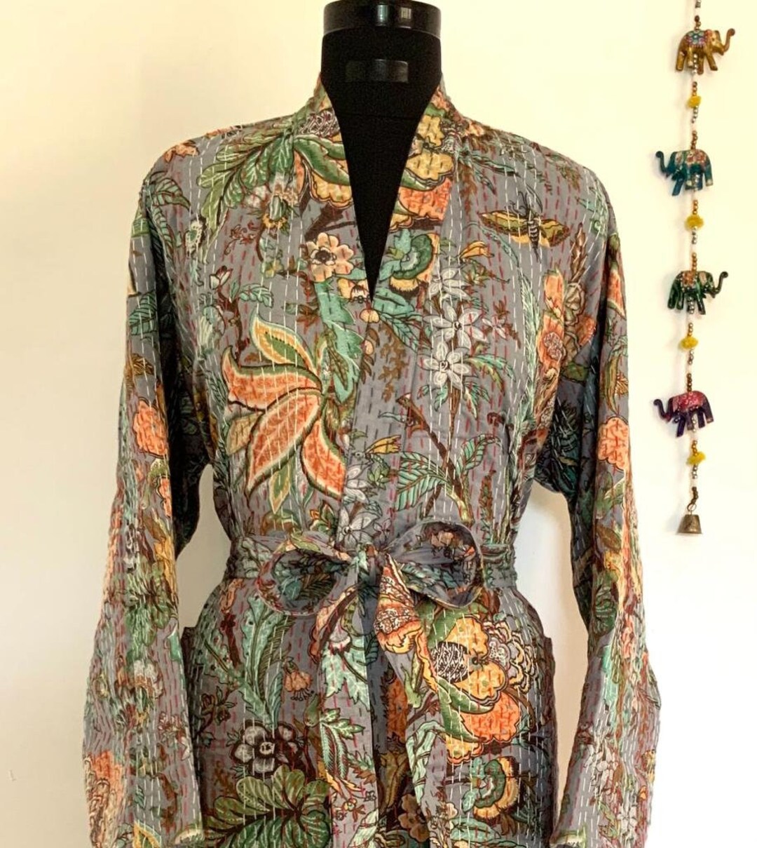 Grey Floral Design Hand Made Kantha, 100% Cotton Bath Robe,indian Hand ...