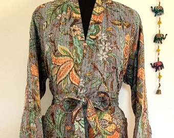 Grey Floral Design Hand Made Kantha, 100% Cotton Bath Robe,Indian Hand Made Kantha,Cotton Kimono,Traditional Robe