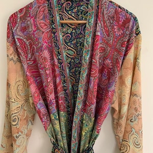 Pink&Green Paisley Very Special Patchwork Funky Style Silk Blend Kimono/Robe,Loungewear Robe,Nightwear Gown