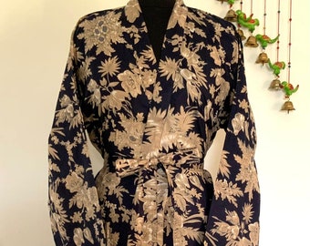 Black Floral Unisex 100%Cotton Kimono,Nightwear,Make Up Dressing Gown,Beachwear,Bathrobe,Summerwear,Bridemaid,Comfy Pregnancy/Maternity Wear