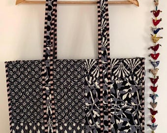 Black Indigo Patchwork Handmade Cotton reversible Large Shopping Bag,Quilted Tote Bag,Large Floral Market Bag or Gift for Someone Special
