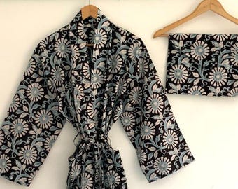 Floral Cotton Men's Kimono Robe: Black & White Print Nightwear