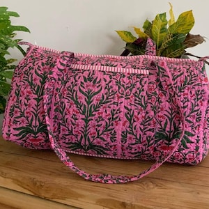 Pink Handmade Cotton Block Print Duffle Bag,Shopping Bag,Travel Bag,Gym or Yoga Bag,Quilted Bag Everyday use OR Gift For Someone Special image 2