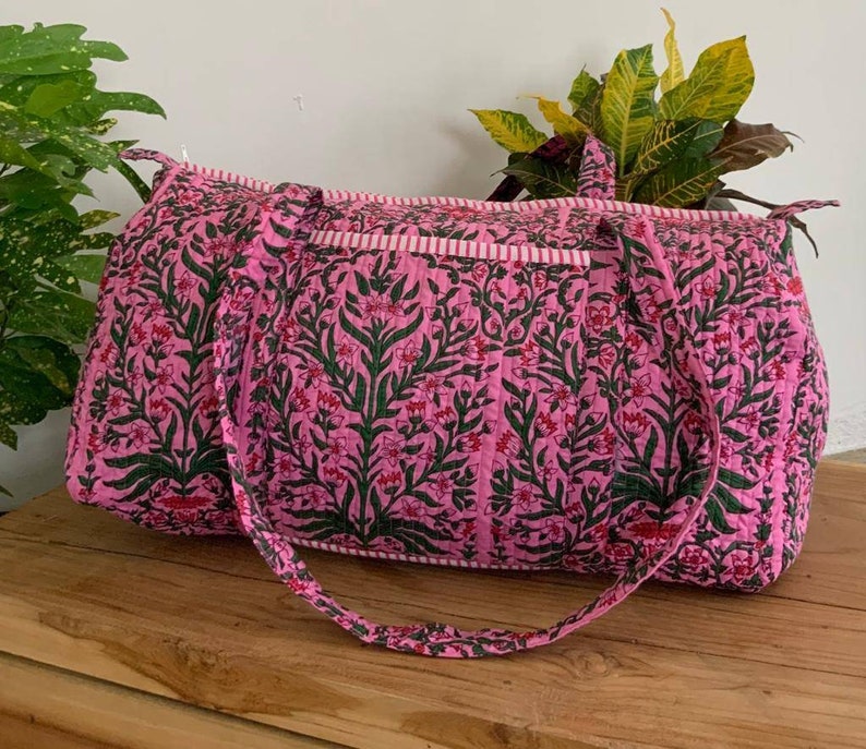 Pink Handmade Cotton Block Print Duffle Bag,Shopping Bag,Travel Bag,Gym or Yoga Bag,Quilted Bag Everyday use OR Gift For Someone Special image 2