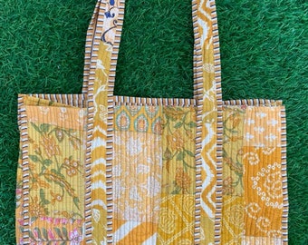 Handmade Cotton Yellow Patchwork reversible Shopping Bag,Large Shopping Bag,Quilted ToteBag,Large Floral Bag,Kantha Bag or Occasionally Gift