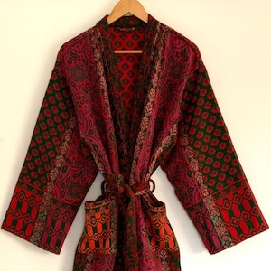 Kimono fatto a mano in misto lana di yak, verde-arancione: tradizionale abbigliamento da casa indiano