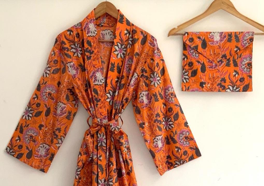 Orange Floral Cotton Kimono Robe - Mens Beach Cover-Up