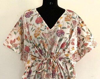 White Floral Cotton Kaftan Kimono,Luxury Loungewear,Beachwear,Long Maxi,Maternity wear,Nightwear,party wear OR Gift 4 Someone Special
