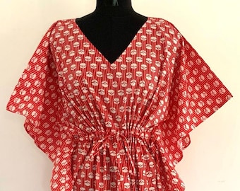 Red Floral Cotton Kaftan Kimono: Lightweight Beach Maxi Dress