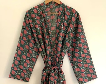 Floral Cotton Kimono Robe: Teal Blue Peach Print, Unisex Loungewear