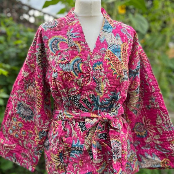 Pink Floral Short Lenght Kantha Jacket/Coat,Ethnic Boho Comfy Jacket,Handmade Jacket,Women Wear New Style Coat,Partywear OR Gift For HER