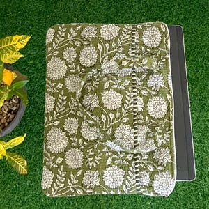 Beautiful Olive Green 15&quot;-16&quot;-17&quot;Laptop Protector Handle Bag 4 outdoor,100%Pure Cotton Block Print Quilted Handmade Laptop/Macbook Air  Bag