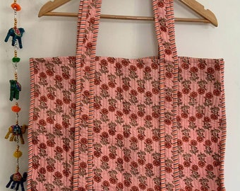 Handmade Cotton Peach Block Print reversible Shopping Bag,Tote Bag,Large Shopping Bag,Quilted Tote Bag,Large Floral Bag,Kantha Bag