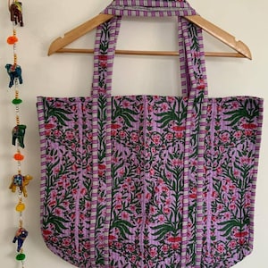 Handmade Cotton Purple Block Print reversible Shopping Bag,Tote Bag,Large Shopping Bag,Quilted Tote Bag,Large Floral Bag,Kantha Bag