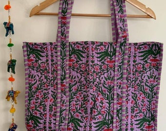 Handmade Cotton Purple Block Print reversible Shopping Bag,Tote Bag,Large Shopping Bag,Quilted Tote Bag,Large Floral Bag,Kantha Bag