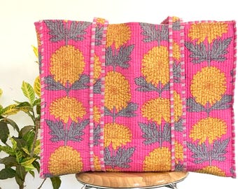 Handmade Cotton Pink Floral Block Print Reversible Shopping Bag,Tote Bag,Large Shopping Bag,Quilted Tote Bag OR Gift For Someone Special