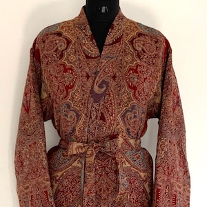 Burgundy Merino Boiled Wool Kimono Robe: Handmade Paisley Jacket