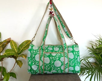 Green Floral Sholder Bag,Handmade Cotton Block Print Duffle Bag,Travel Bag,Gym/Yoga Bag,Quilted Bag Everyday use OR Gift For Someone Special