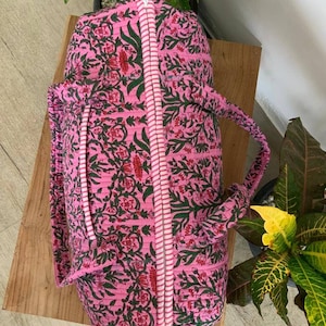 Pink Handmade Cotton Block Print Duffle Bag,Shopping Bag,Travel Bag,Gym or Yoga Bag,Quilted Bag Everyday use OR Gift For Someone Special image 6