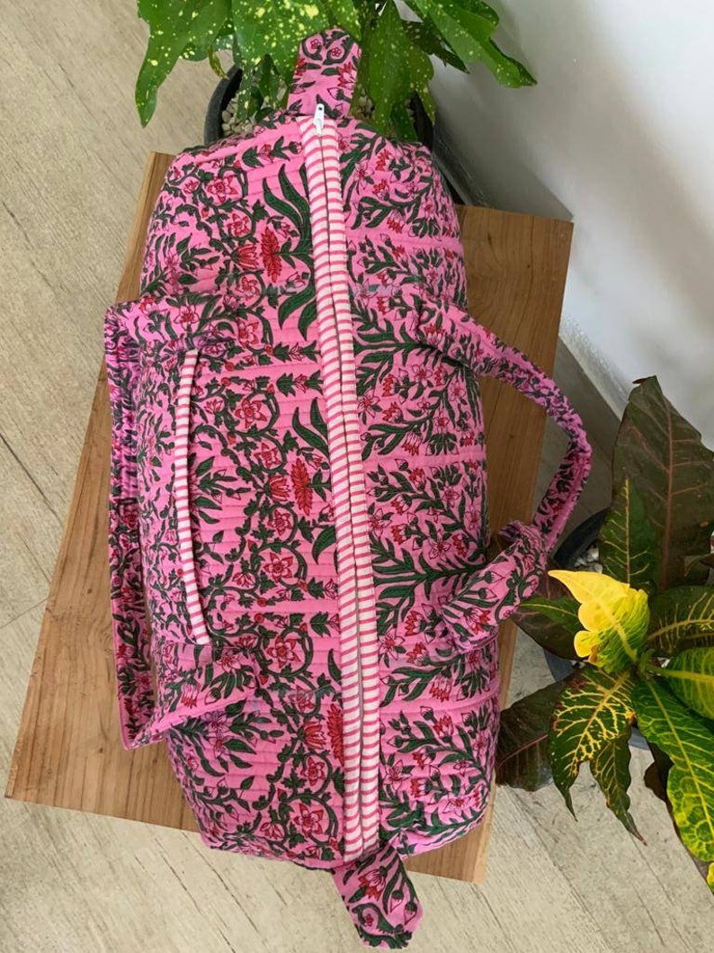 Pink Handmade Cotton Block Print Duffle Bag,Shopping Bag,Travel Bag,Gym or Yoga Bag,Quilted Bag Everyday use OR Gift For Someone Special image 6